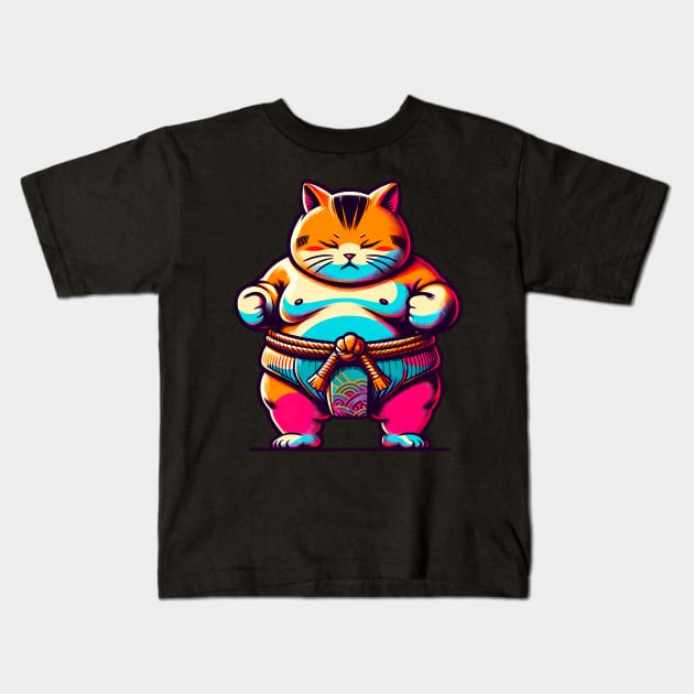 Sumo Cat Kids T-Shirt by Moniato